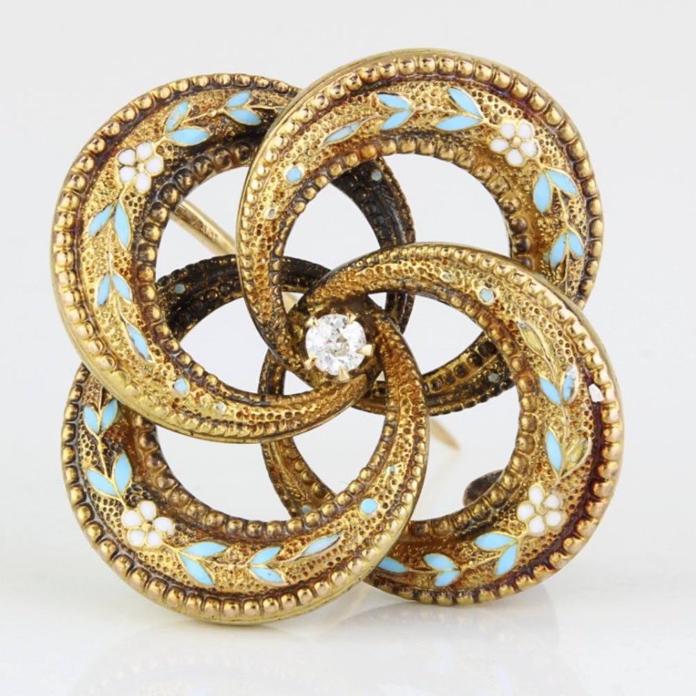 Antique Victorian 21k Yellow Gold Diamond & Enamel Floral Brooch Pin